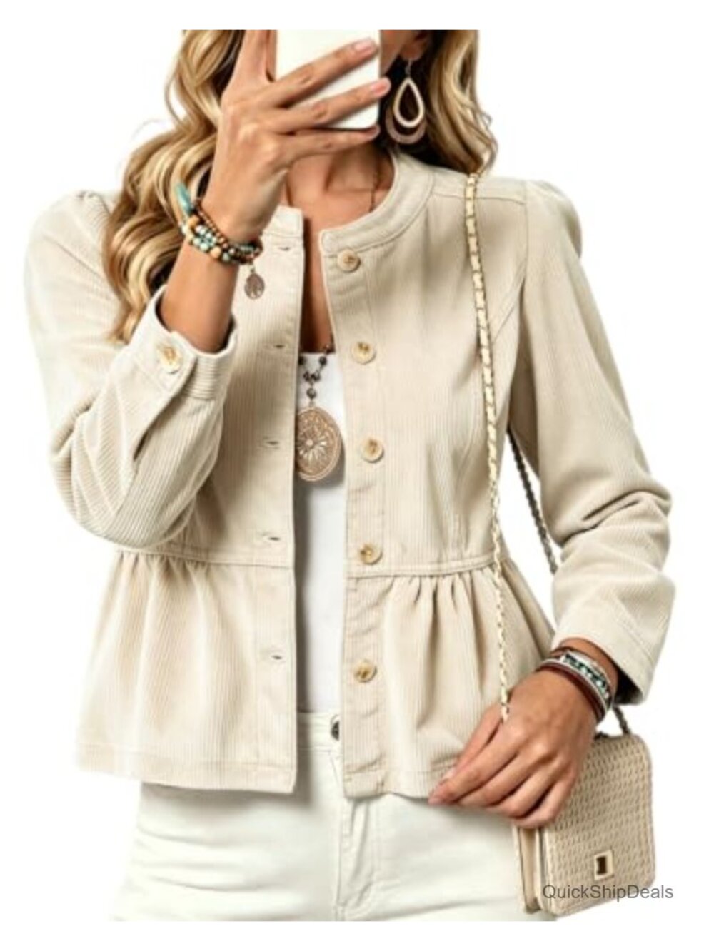 Womens Corduroy Jacket Cropped Peplum Button Front Casual Fall